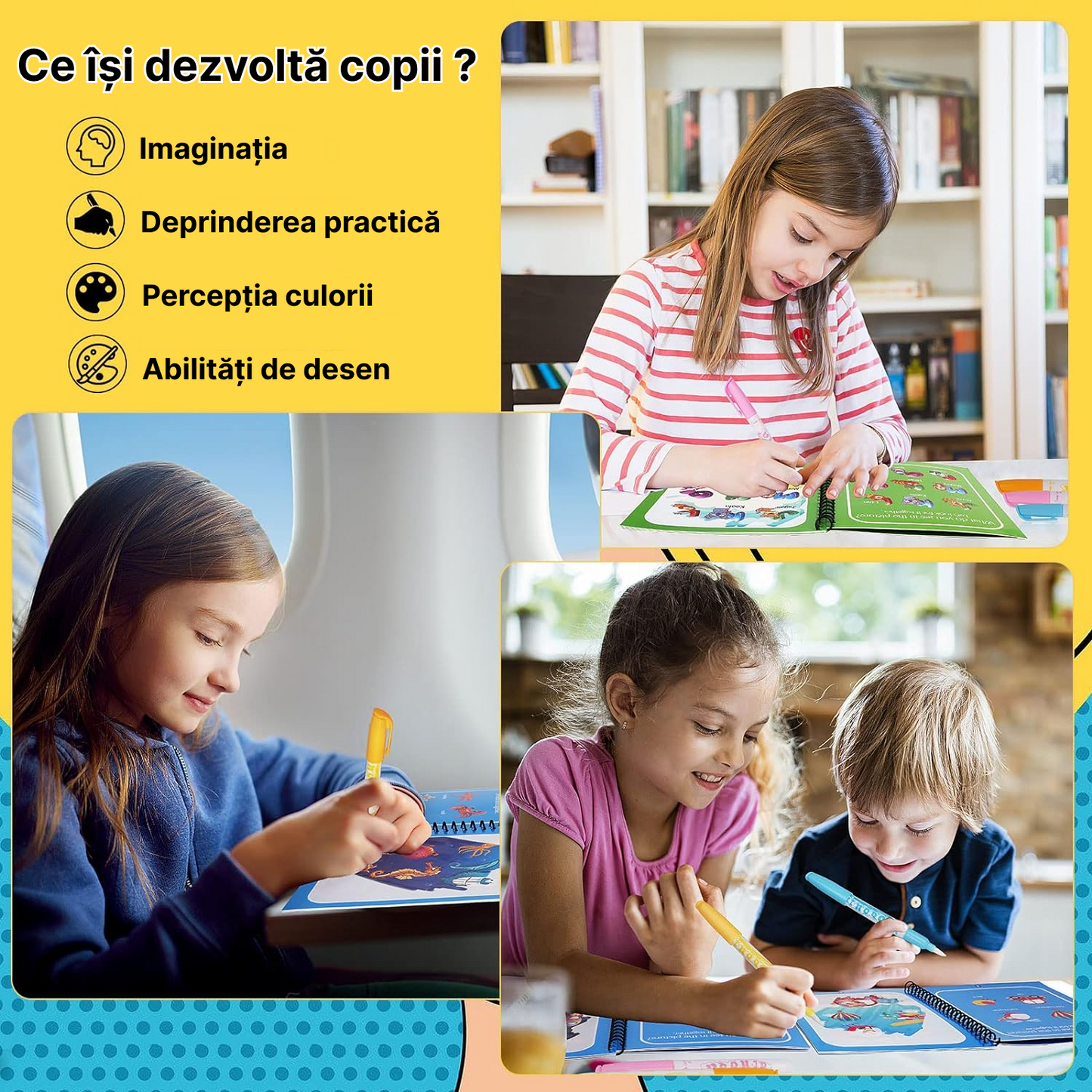 Set 3 Carti Magice Reutilizabile de Colorat cu Apa